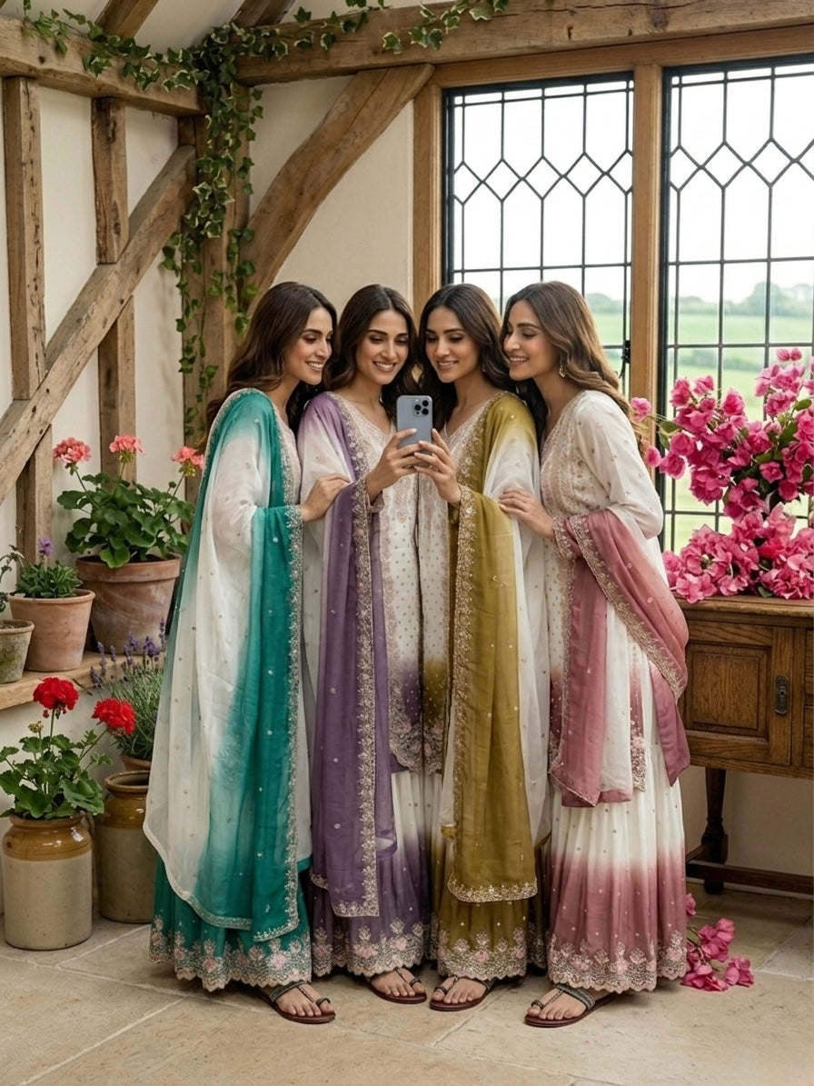 Đěsigner Party Wear Look Pur Heavy Dual Tone Peding Star Georgette Top Plazzo & Dupatta Set