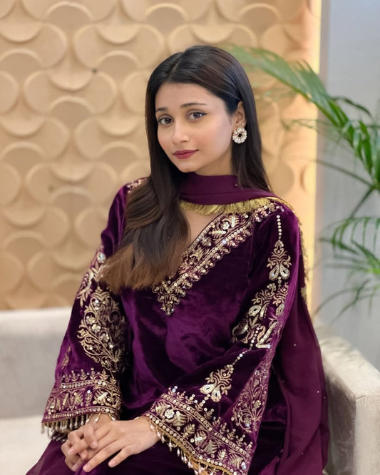 Heavy Pure Viscose Velvet With Embroidery  suit