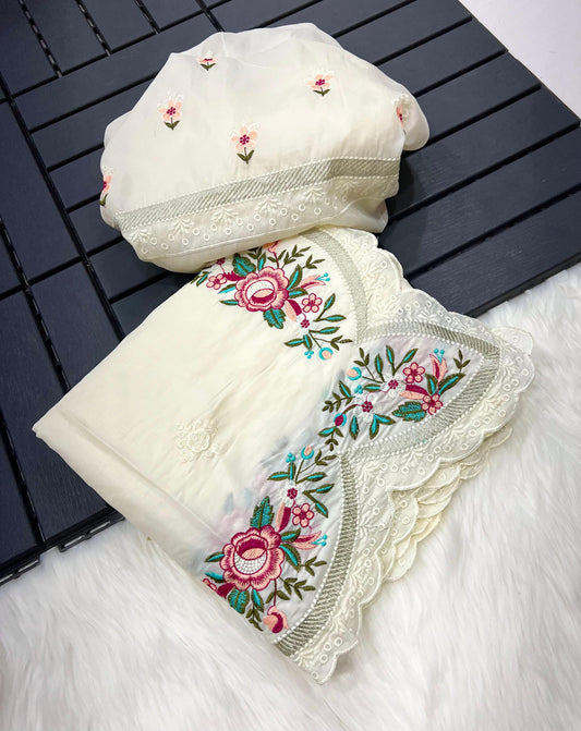 delicately designed and embroidered with floral thread work and cutwork the borders