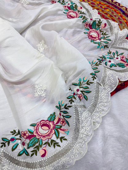 delicately designed and embroidered with floral thread work and cutwork the borders