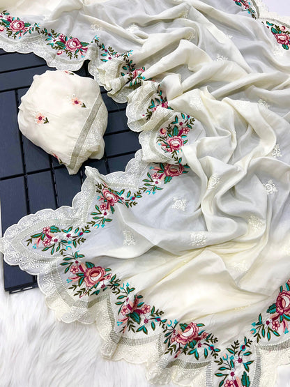 delicately designed and embroidered with floral thread work and cutwork the borders