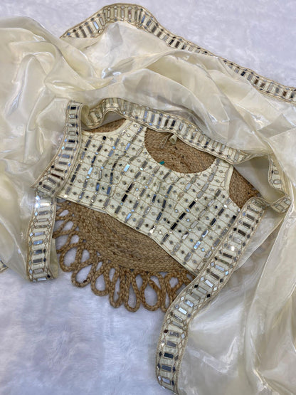 Sift satin Organza saree which is embedded with real mirror work Embroidery
