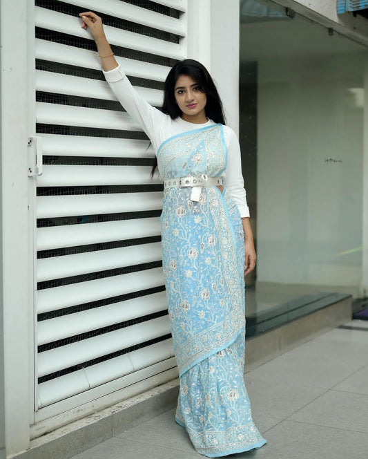 Pure geogert fabric with heavy lucknovi white thread work nd seqnce work in all over sarees with contrast silk blous