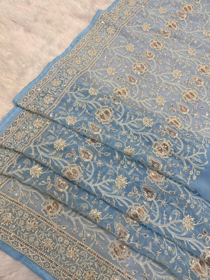 Pure geogert fabric with heavy lucknovi white thread work nd seqnce work in all over sarees with contrast silk blous