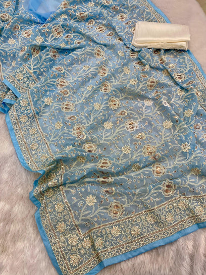 Pure geogert fabric with heavy lucknovi white thread work nd seqnce work in all over sarees with contrast silk blous