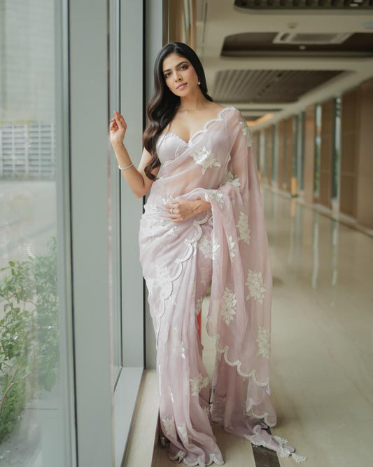 Soft satin Organza saree which is embedded with seqnce & threadwork