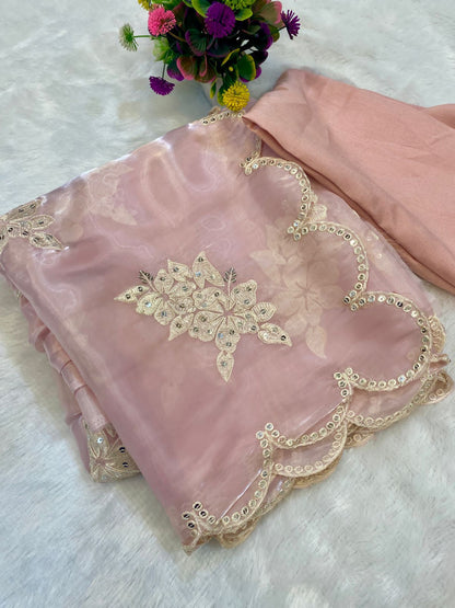 Soft satin Organza saree which is embedded with seqnce & threadwork