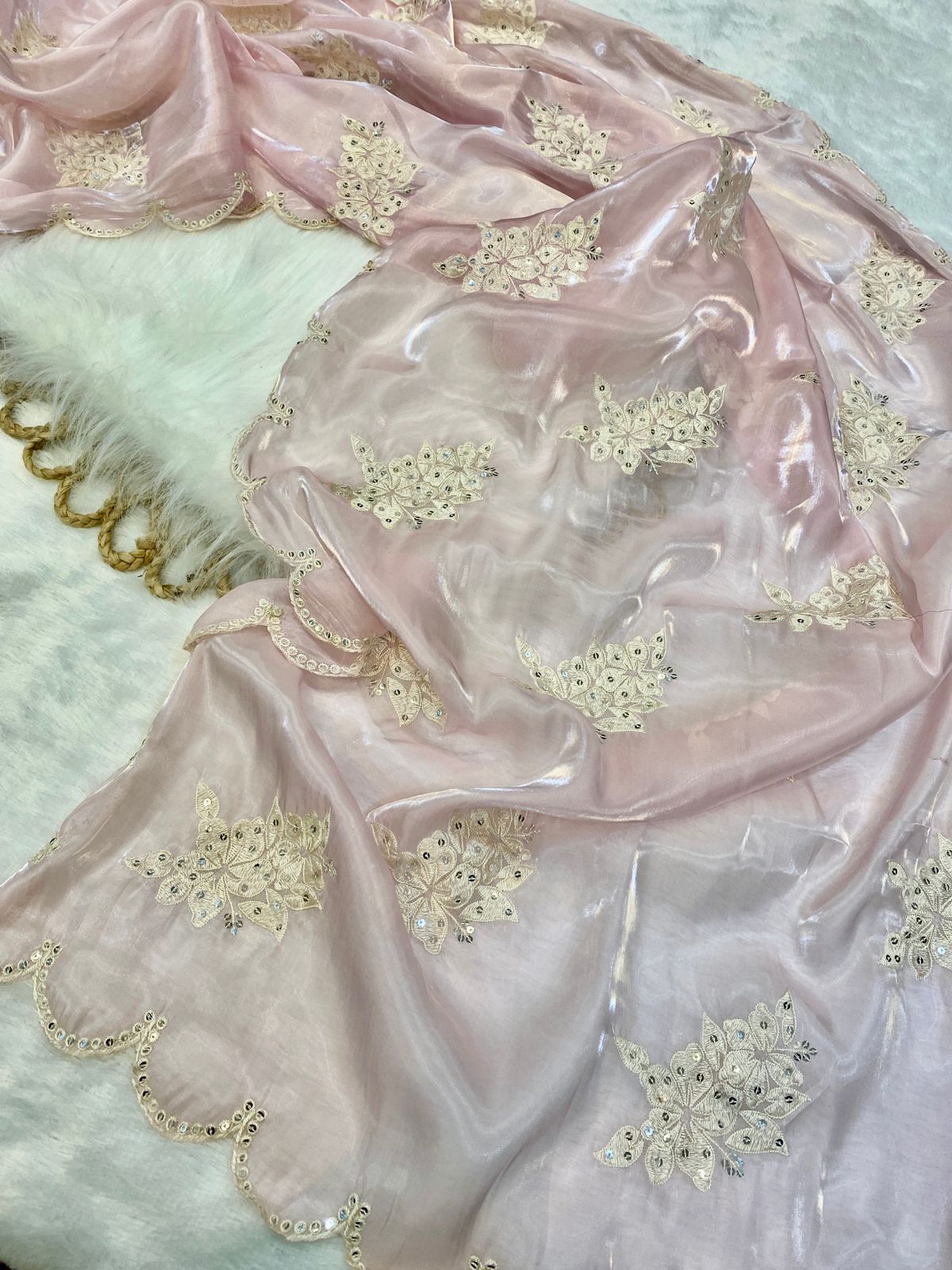 Soft satin Organza saree which is embedded with seqnce & threadwork