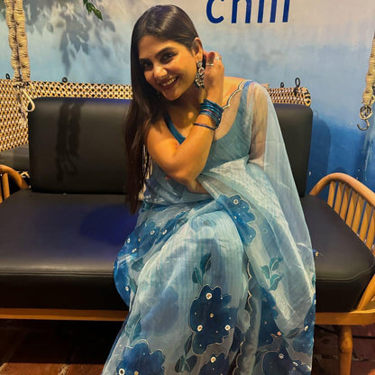 soft satin organza flower handprint all over saree with pearl cut Dena & orginal mirror   handwork