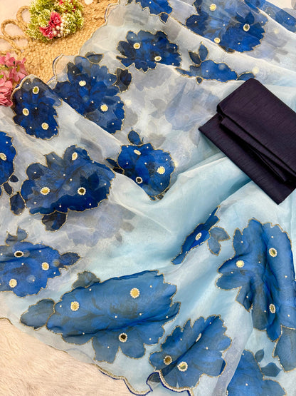 soft satin organza flower handprint all over saree with pearl cut Dena & orginal mirror   handwork