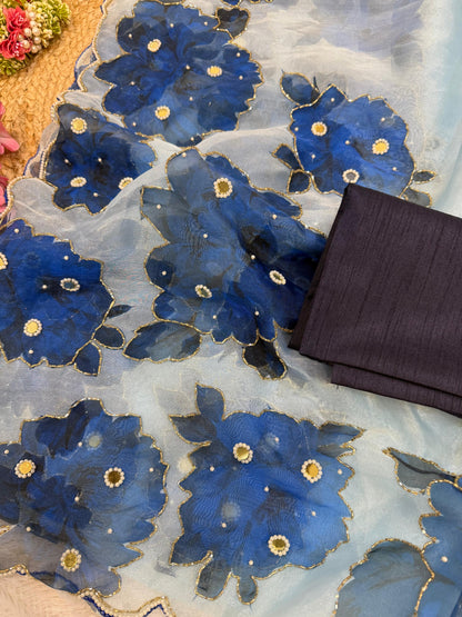 soft satin organza flower handprint all over saree with pearl cut Dena & orginal mirror   handwork