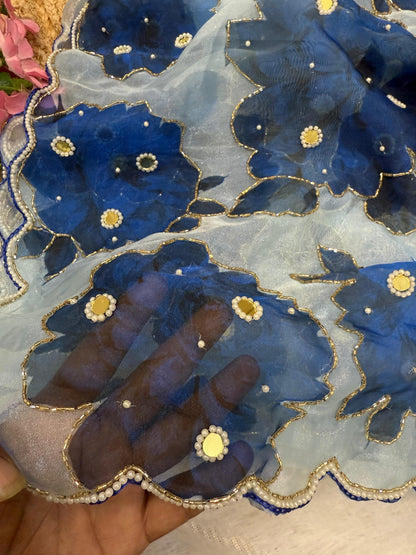 soft satin organza flower handprint all over saree with pearl cut Dena & orginal mirror   handwork