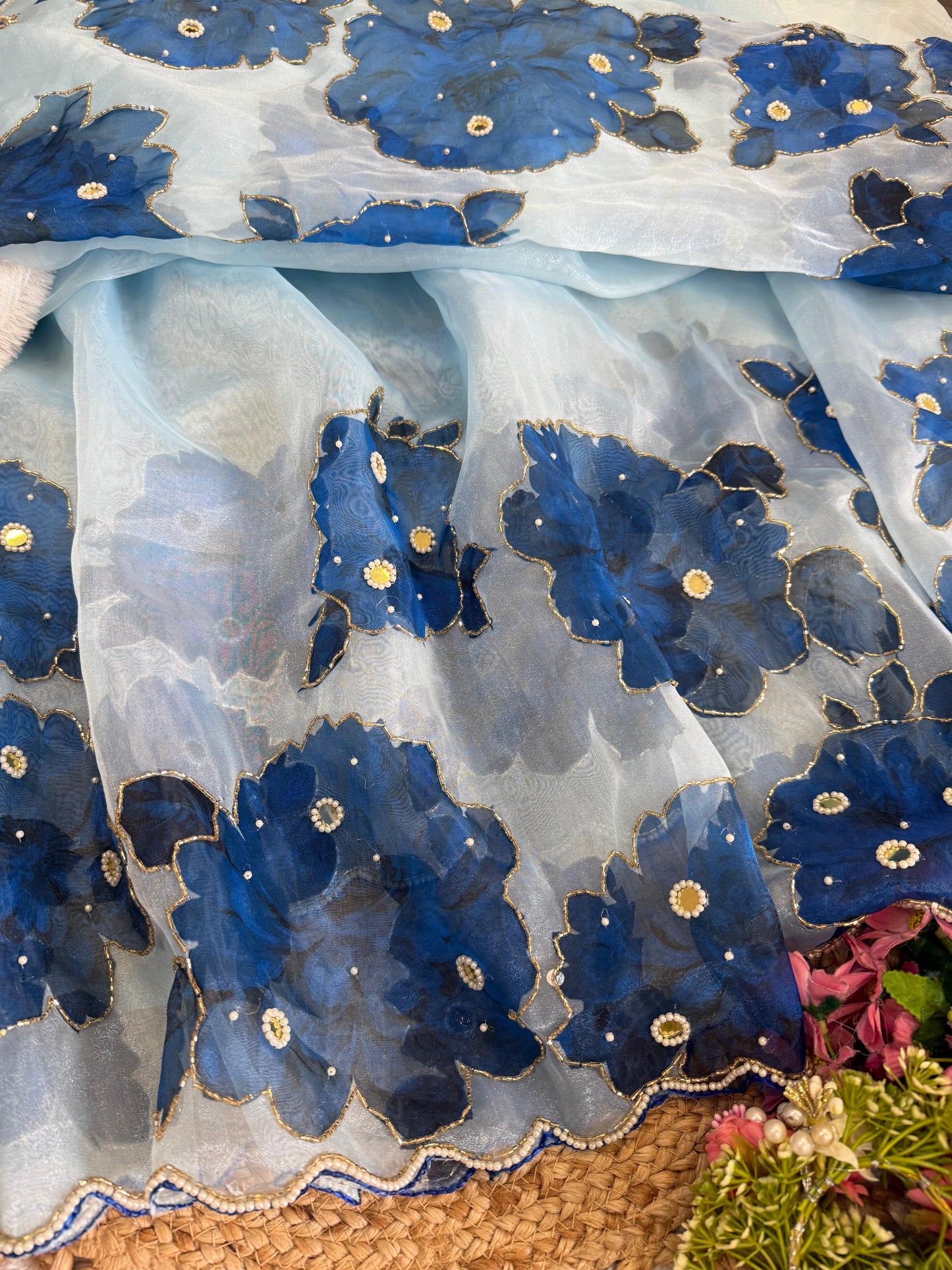 soft satin organza flower handprint all over saree with pearl cut Dena & orginal mirror   handwork