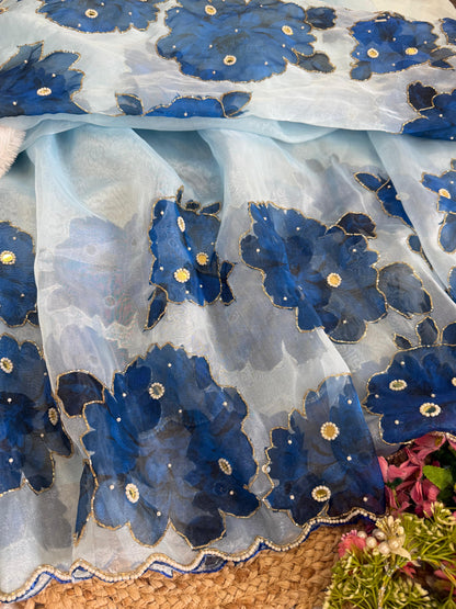 soft satin organza flower handprint all over saree with pearl cut Dena & orginal mirror   handwork