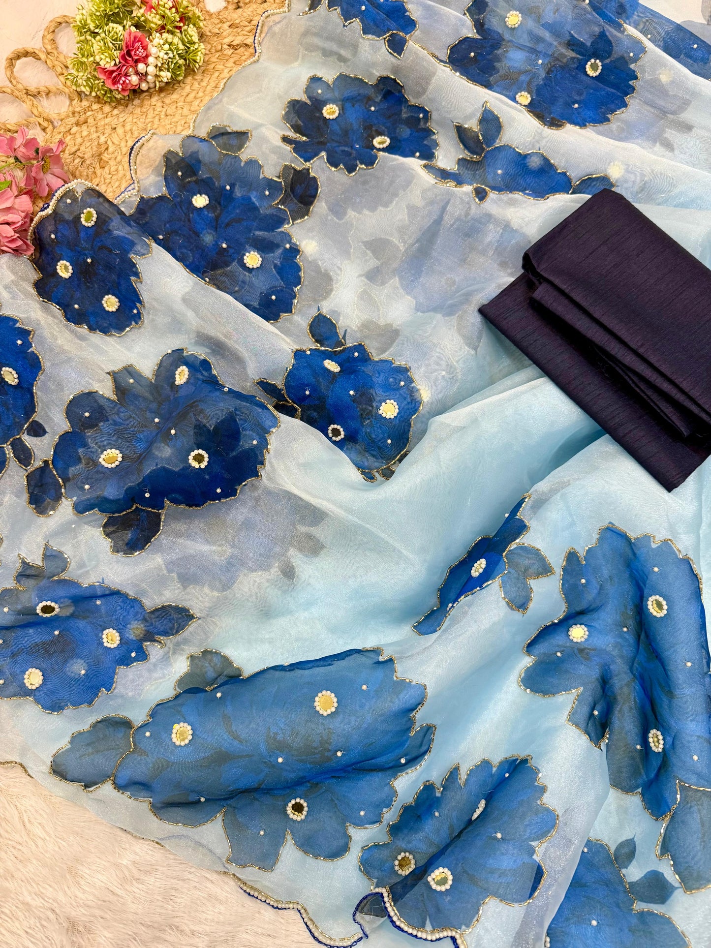 soft satin organza flower handprint all over saree with pearl cut Dena & orginal mirror   handwork