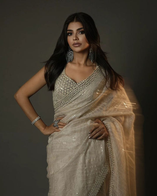 Pure organza fabric with heavy seqnce & thread work embroidery