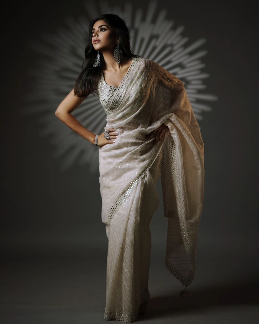 Pure organza fabric with heavy seqnce & thread work embroidery