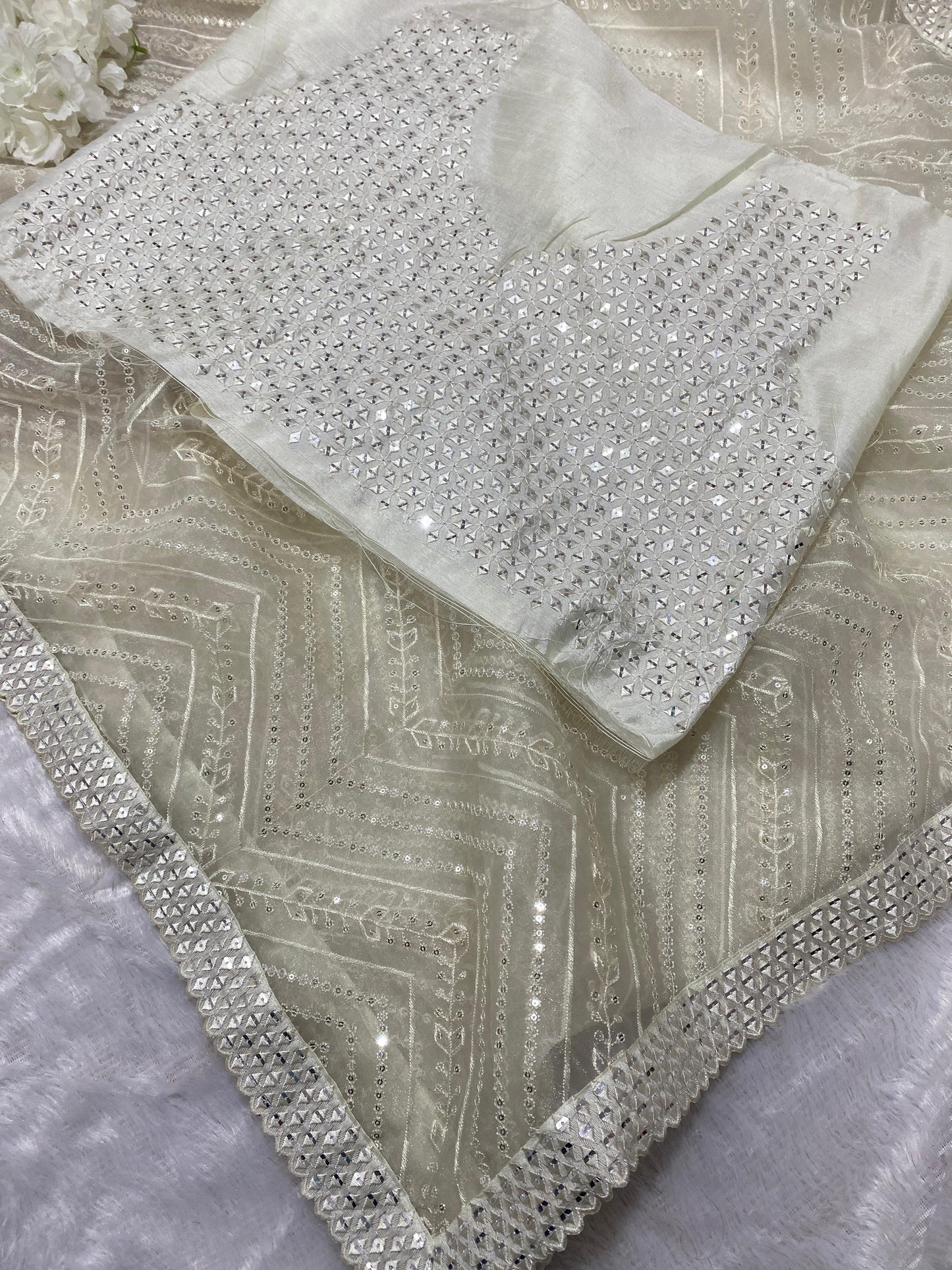 Pure organza fabric with heavy seqnce & thread work embroidery