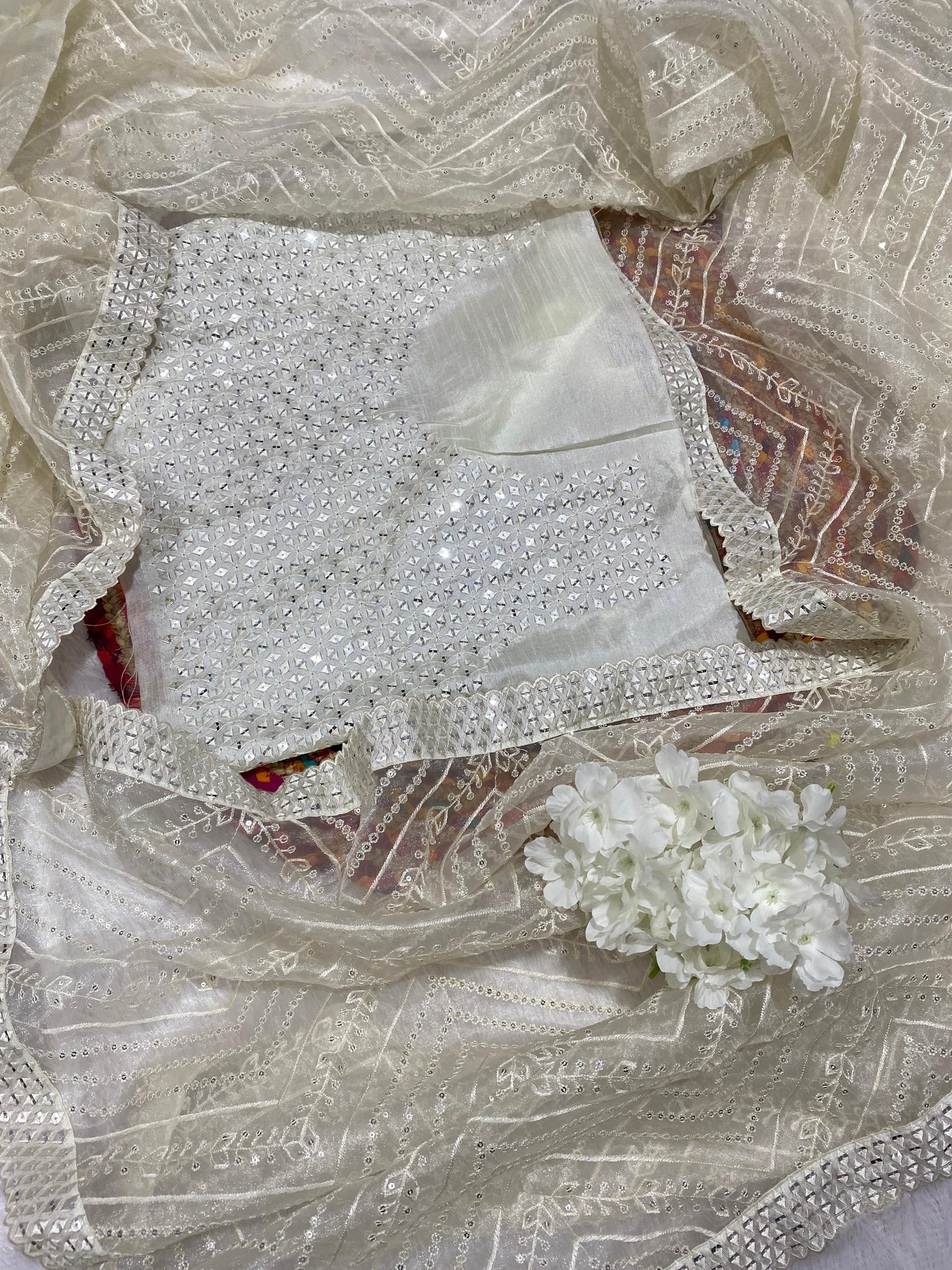 Pure organza fabric with heavy seqnce & thread work embroidery