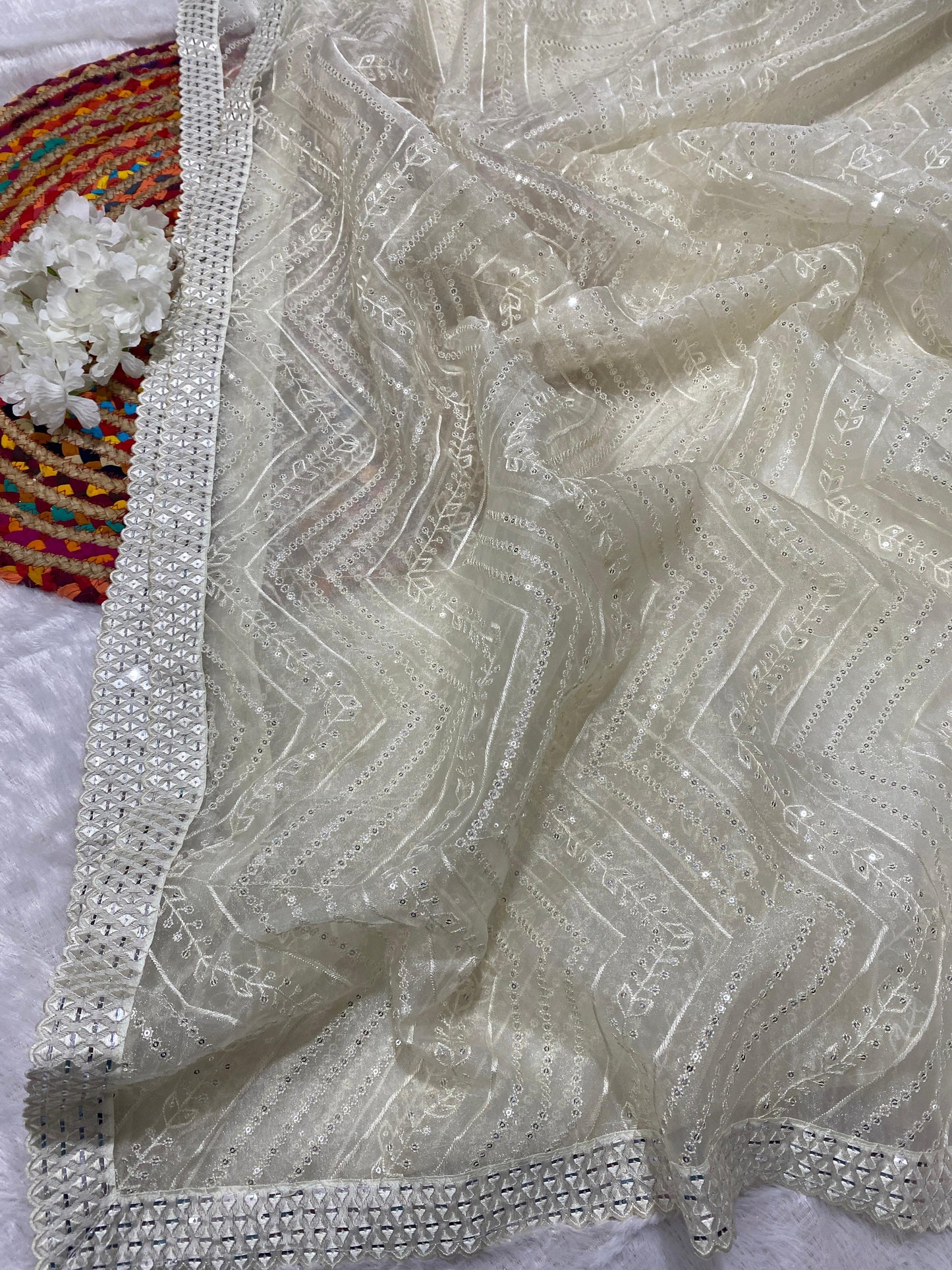 Pure organza fabric with heavy seqnce & thread work embroidery