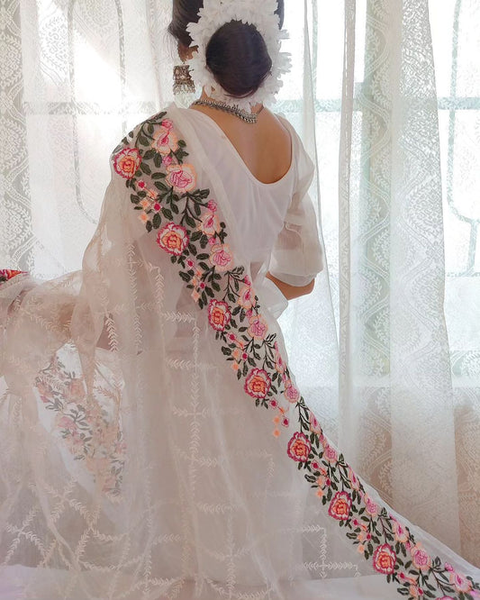 Pure soft Off-white silk  organza saree with Lucknowi &  haal work