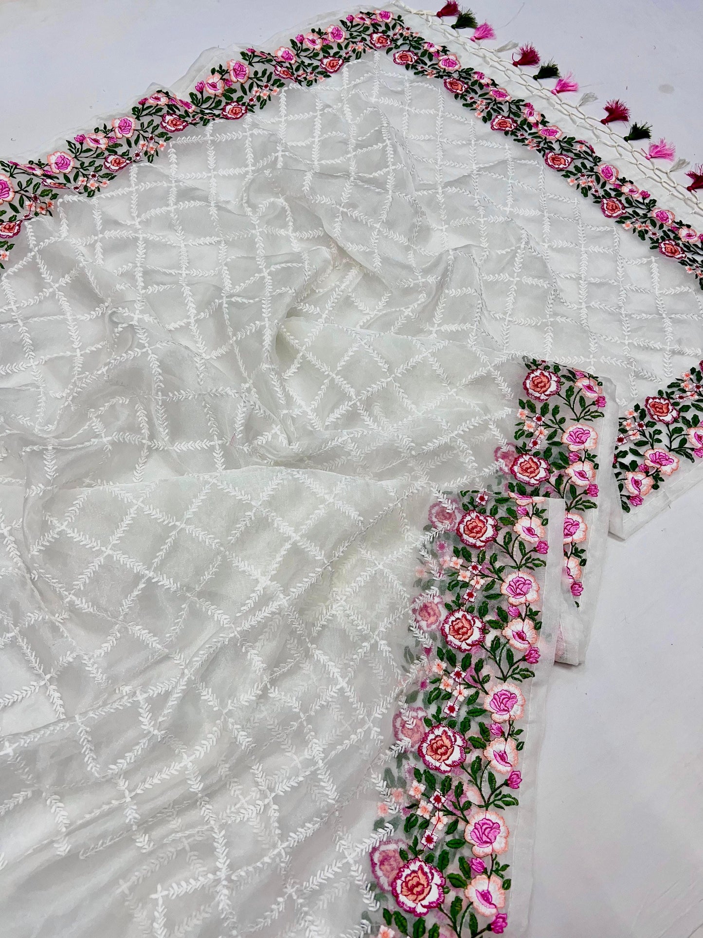 Pure soft Off-white silk  organza saree with Lucknowi &  haal work