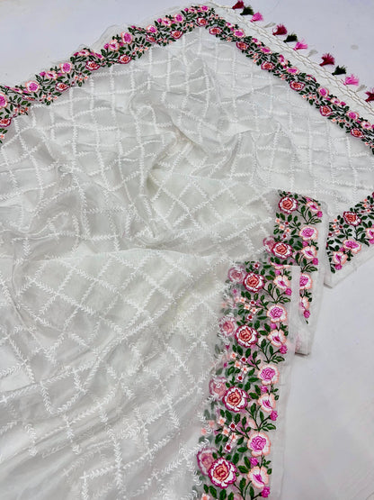 Pure soft Off-white silk  organza saree with Lucknowi &  haal work