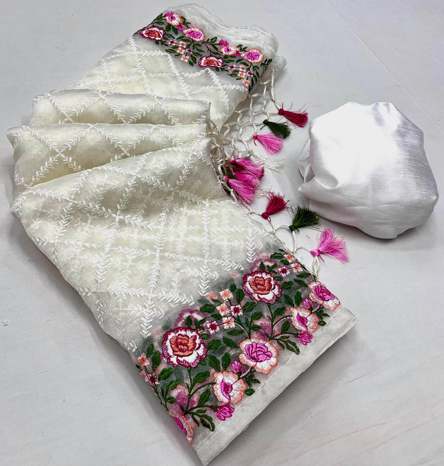Pure soft Off-white silk  organza saree with Lucknowi &  haal work
