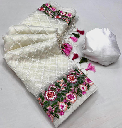 Pure soft Off-white silk  organza saree with Lucknowi &  haal work