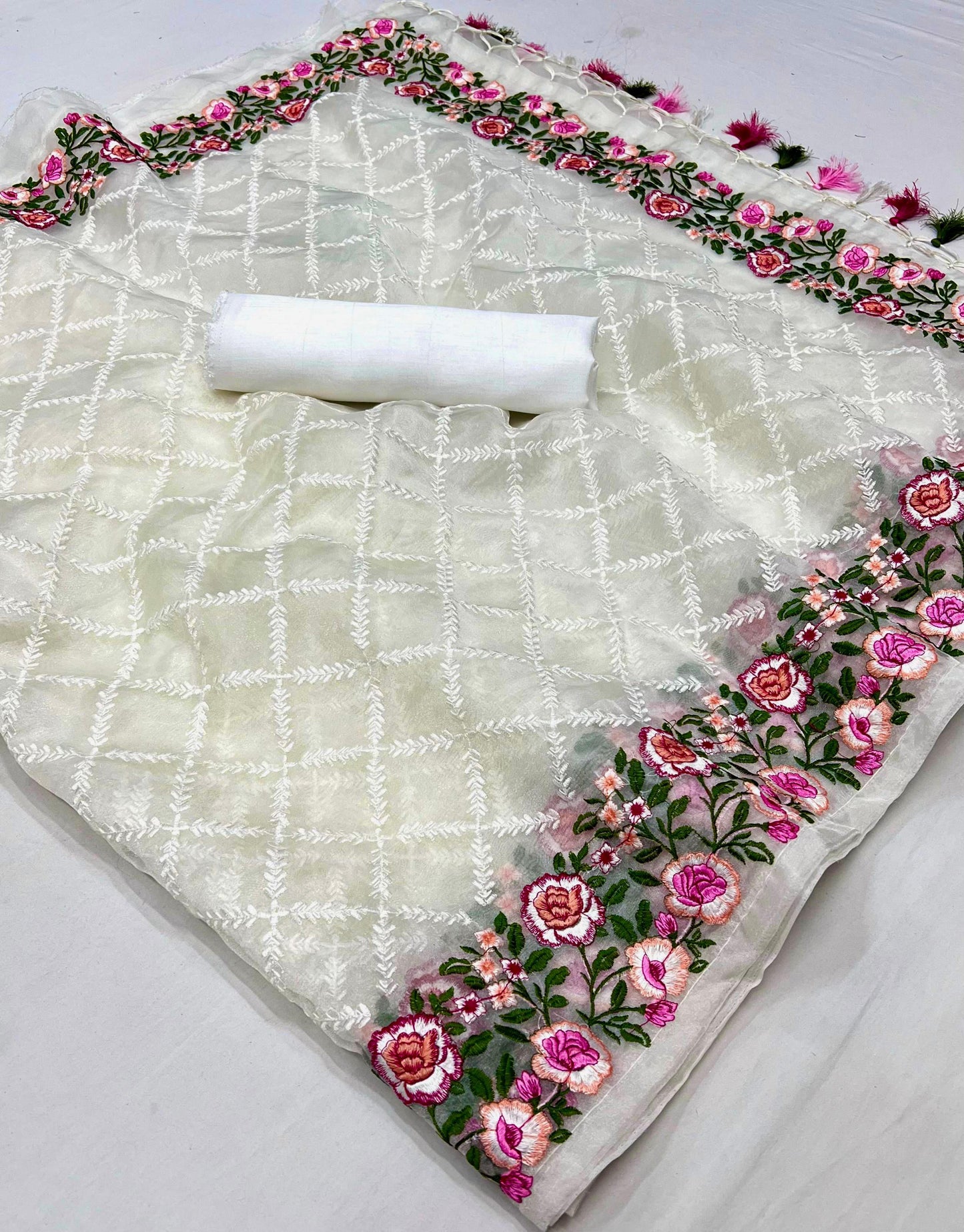 Pure soft Off-white silk  organza saree with Lucknowi &  haal work