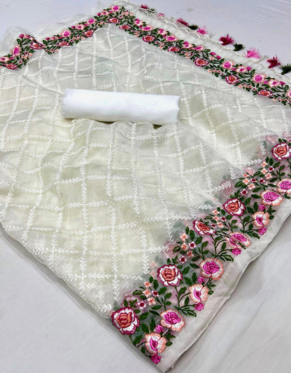 Pure soft Off-white silk  organza saree with Lucknowi &  haal work