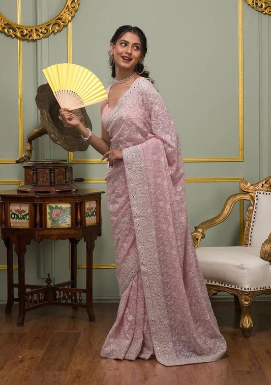 Faux geogert saree with white thread & seqnce full heavy work