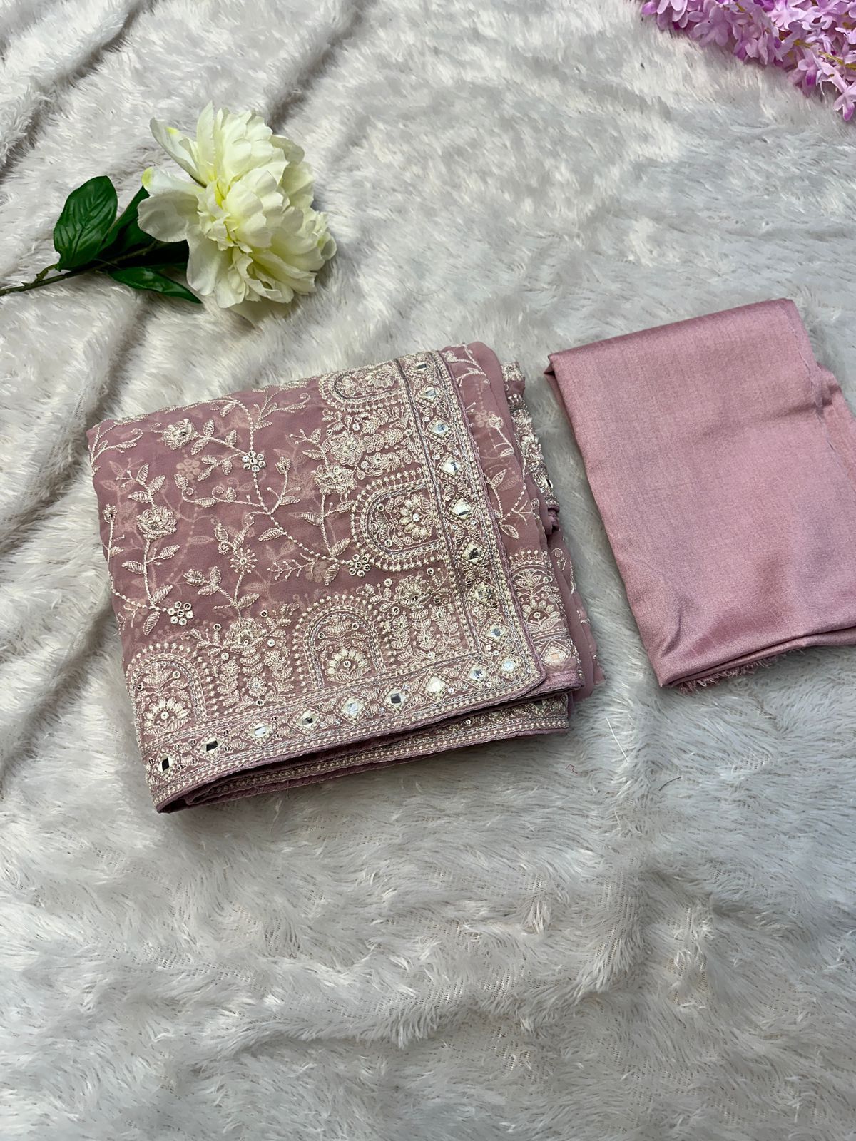 Faux geogert saree with white thread & seqnce full heavy work