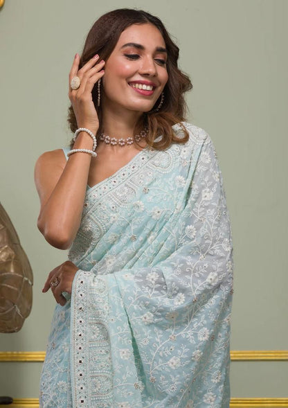 Faux geogert saree with white thread & seqnce full heavy work