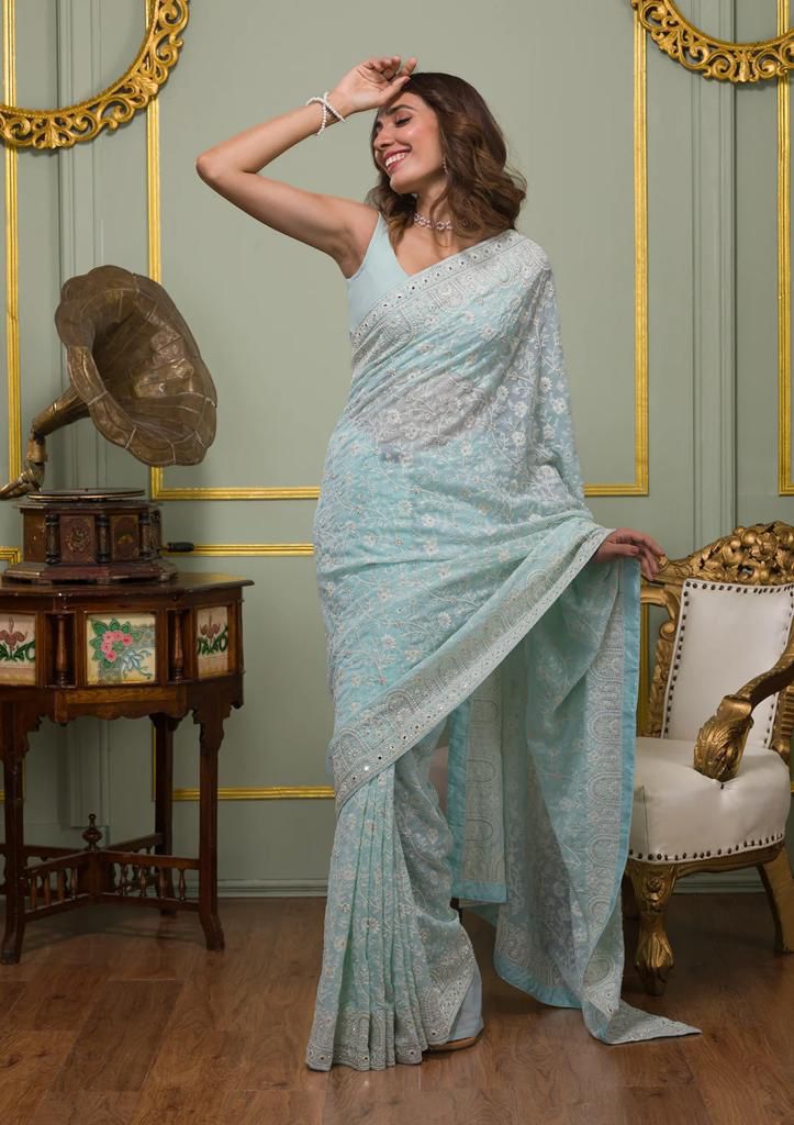 Faux geogert saree with white thread & seqnce full heavy work