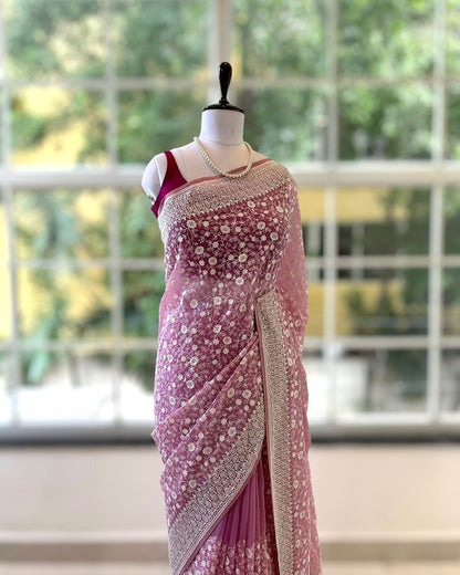 shimmer silk fabric chikankari work with pastel colour & thread with seqnce