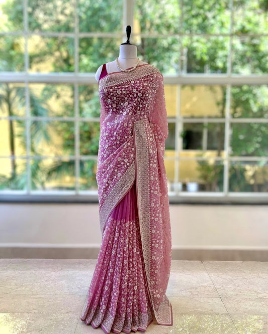 shimmer silk fabric chikankari work with pastel colour & thread with seqnce