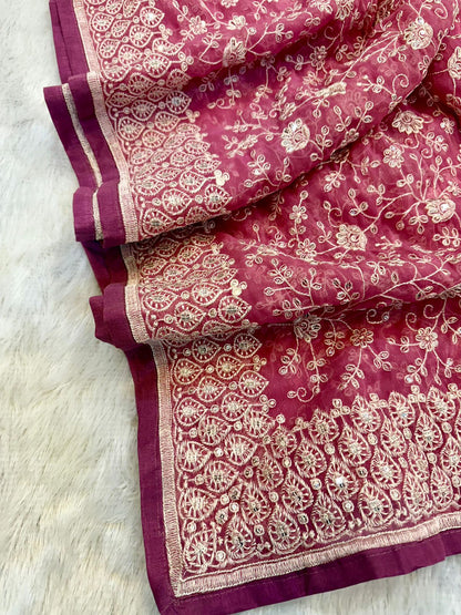 shimmer silk fabric chikankari work with pastel colour & thread with seqnce