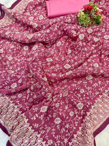 shimmer silk fabric chikankari work with pastel colour & thread with seqnce