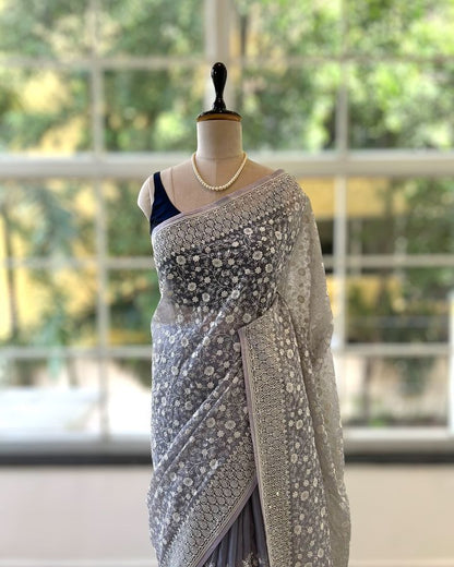 shimmer silk fabric chikankari work with pastel colour & thread with seqnce