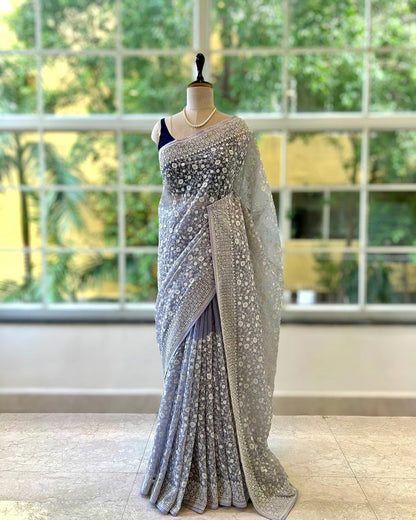 shimmer silk fabric chikankari work with pastel colour & thread with seqnce