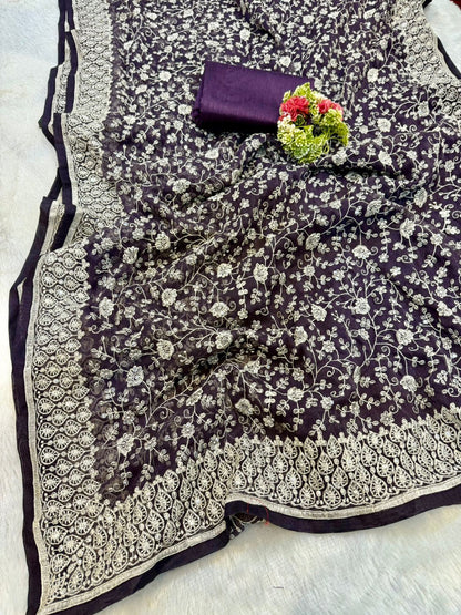 shimmer silk fabric chikankari work with pastel colour & thread with seqnce