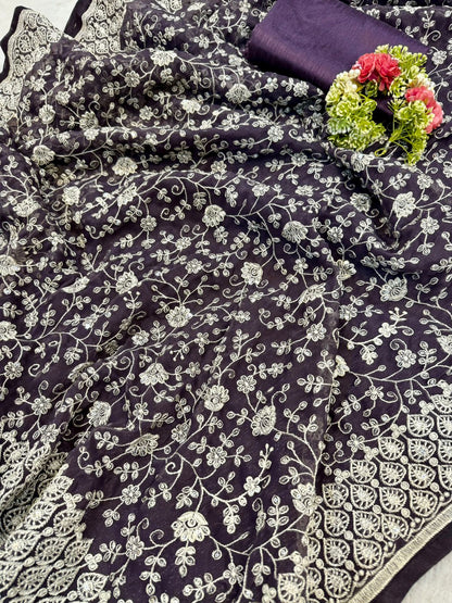 shimmer silk fabric chikankari work with pastel colour & thread with seqnce