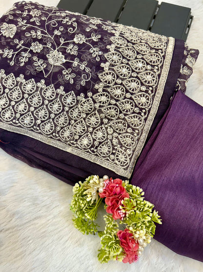 shimmer silk fabric chikankari work with pastel colour & thread with seqnce