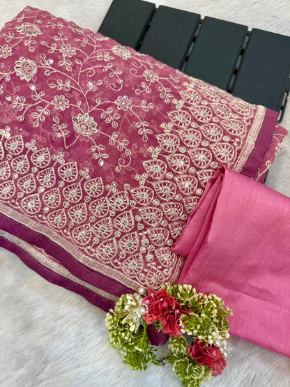 shimmer silk fabric chikankari work with pastel colour & thread with seqnce