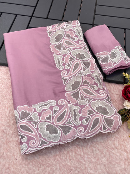 Silk fabric with the  self tone to tone viscos thread work embroidery