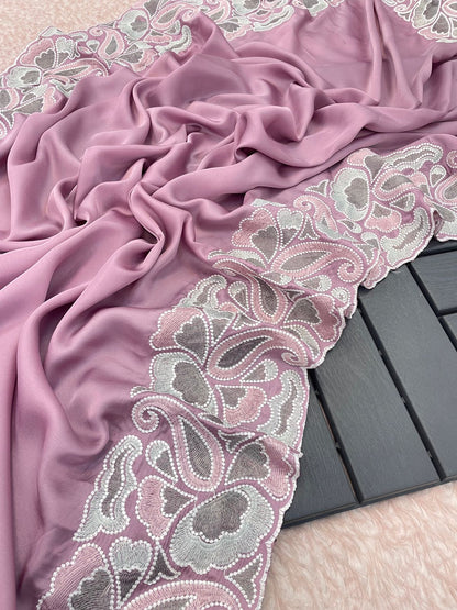 Silk fabric with the  self tone to tone viscos thread work embroidery