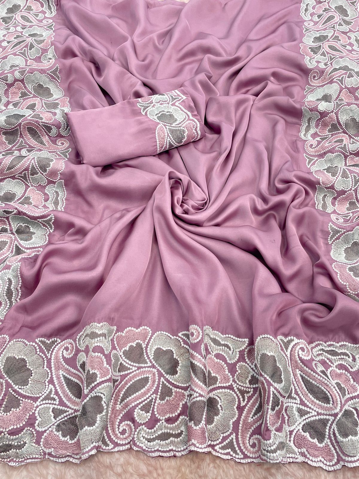 Silk fabric with the  self tone to tone viscos thread work embroidery