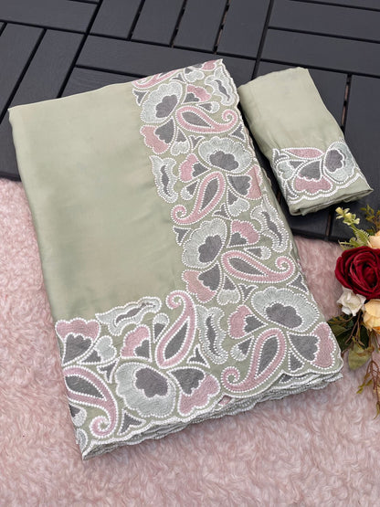 Silk fabric with the  self tone to tone viscos thread work embroidery