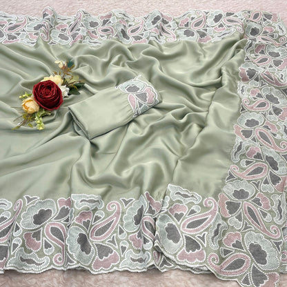 Silk fabric with the  self tone to tone viscos thread work embroidery